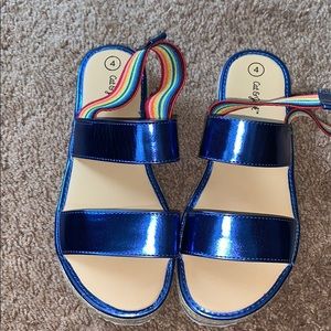 Girls Metallic Blue w/ Rainbow Stripe Sandals